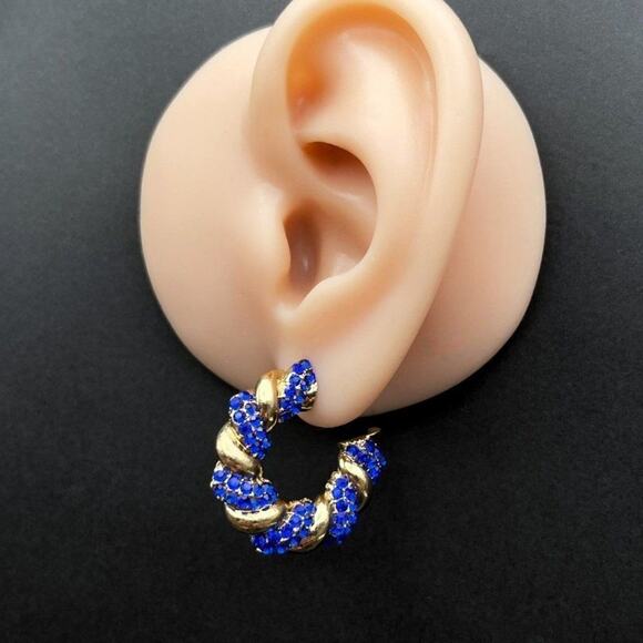 Yellow Gold with Blue Sapphire Crystal Twisted Rope Hoop Post Back Earrings - Picture 6 of 6